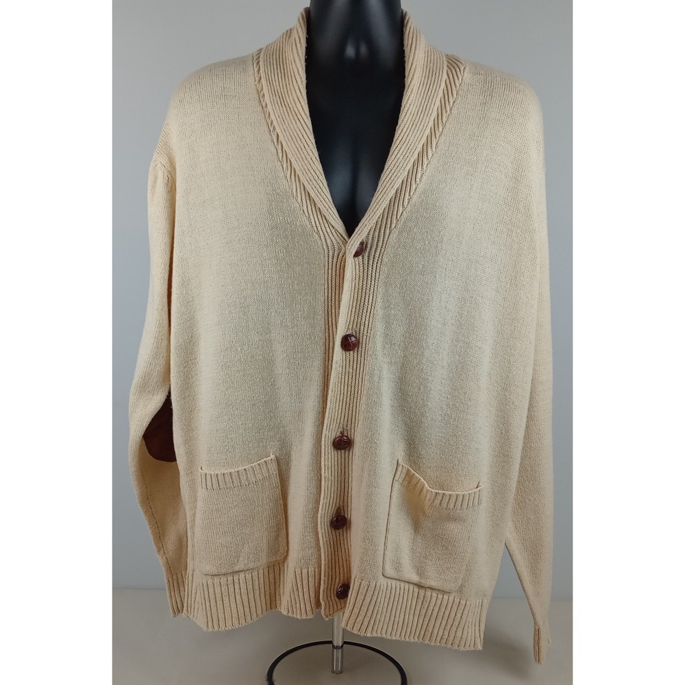 Haband Mens L Cream Button Up Long Sleeve V-neck Elbow Patch Cardigan